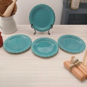 Retired Pioneer Woman Teal TONI Stoneware Set Of 4 Salad Plates 8.5” NWOB